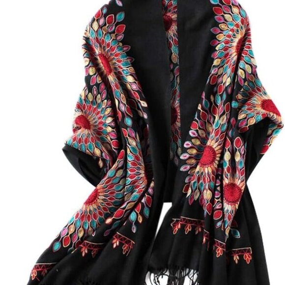 Accessories - Women's Embroidered Oversize Tassel Shawl Wrap Scarf for Formal Evening Wear